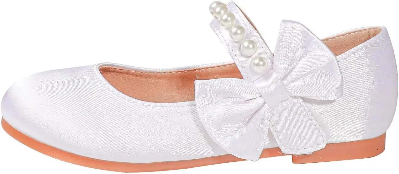 Toddler Girl Satin White Dress Shoes Flower Girl Bowknot Pearl Ballet Flats Mary Jane Wedding Party Communion Princess Shoes