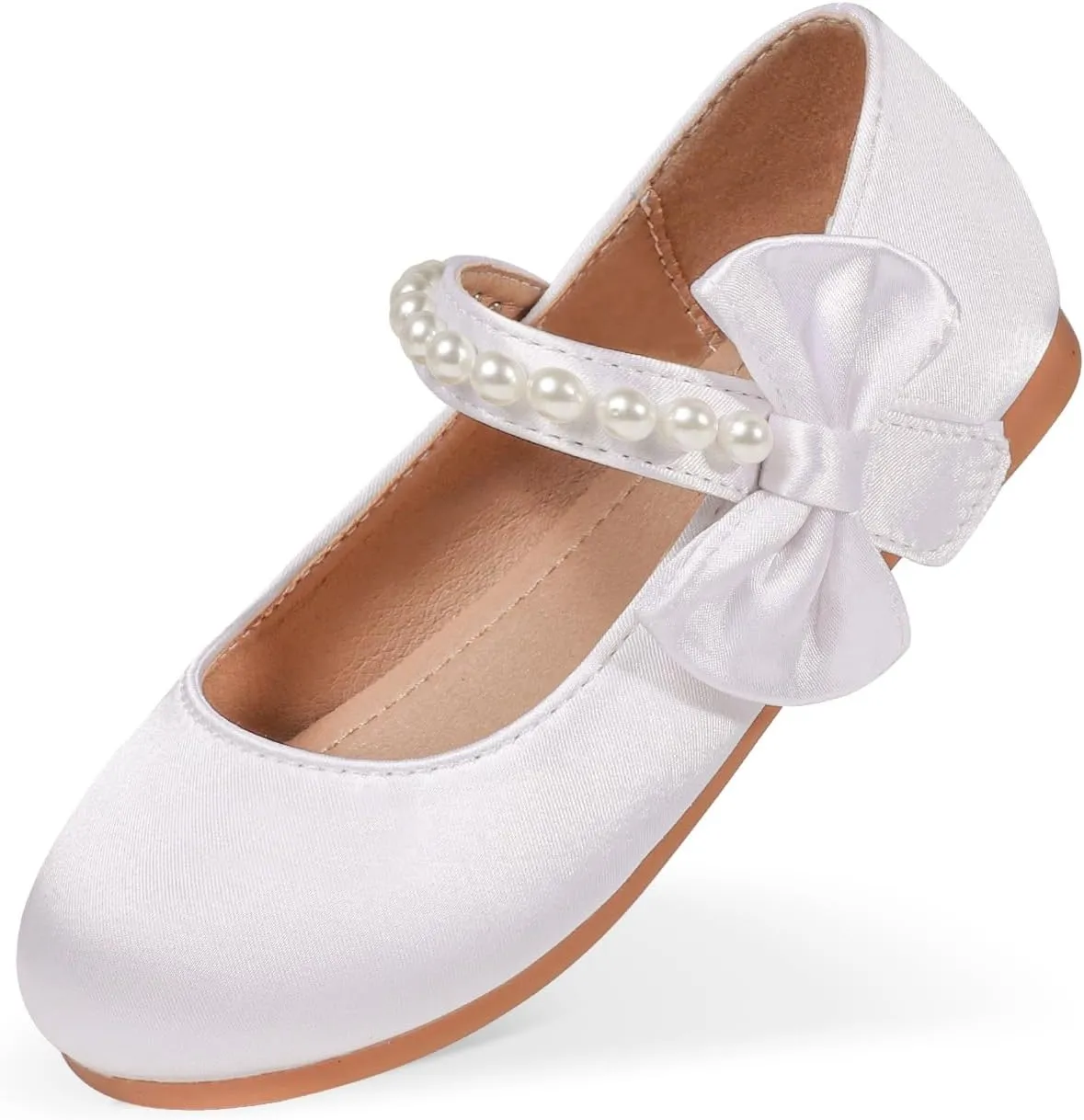Toddler Girl Satin White Dress Shoes Flower Girl Bowknot Pearl Ballet Flats Mary Jane Wedding Party Communion Princess Shoes