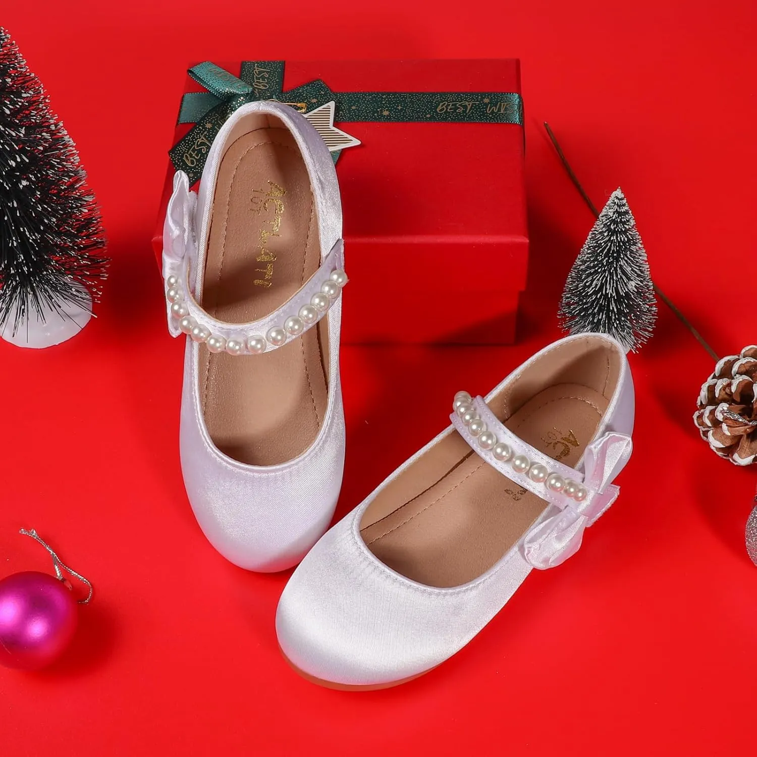 Toddler Girl Satin White Dress Shoes Flower Girl Bowknot Pearl Ballet Flats Mary Jane Wedding Party Communion Princess Shoes