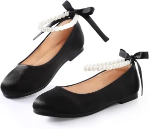 Toddler Girls Dress Shoes Flower Girls Kids Mary Jane Ballet Flats Wedding Party Communion Princess Shoes(Black Silk,Toddler 10)