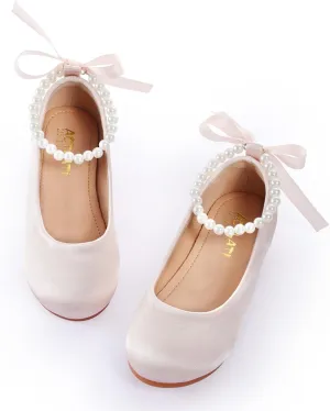 Toddler Girls Dress Shoes Flower Girls Kids Mary Jane Ballet Flats Wedding Party Communion Princess Shoes(Nude Silk,Toddler 10)