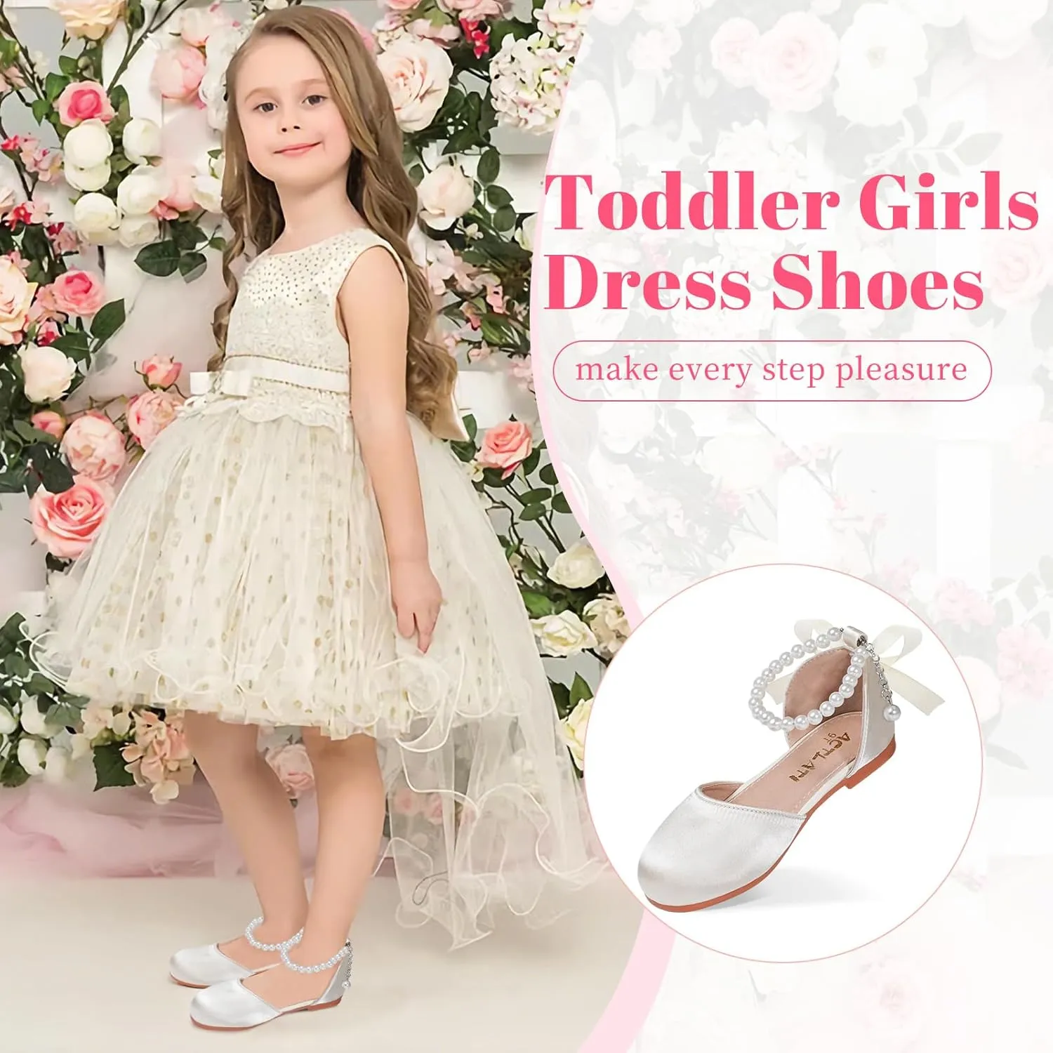 Toddler Girls Dress Shoes Flower Girls Mary Jane Ballet Flats Decorative Pearls Lace-Up Ankle Strap Wedding Communion Princess Shoes