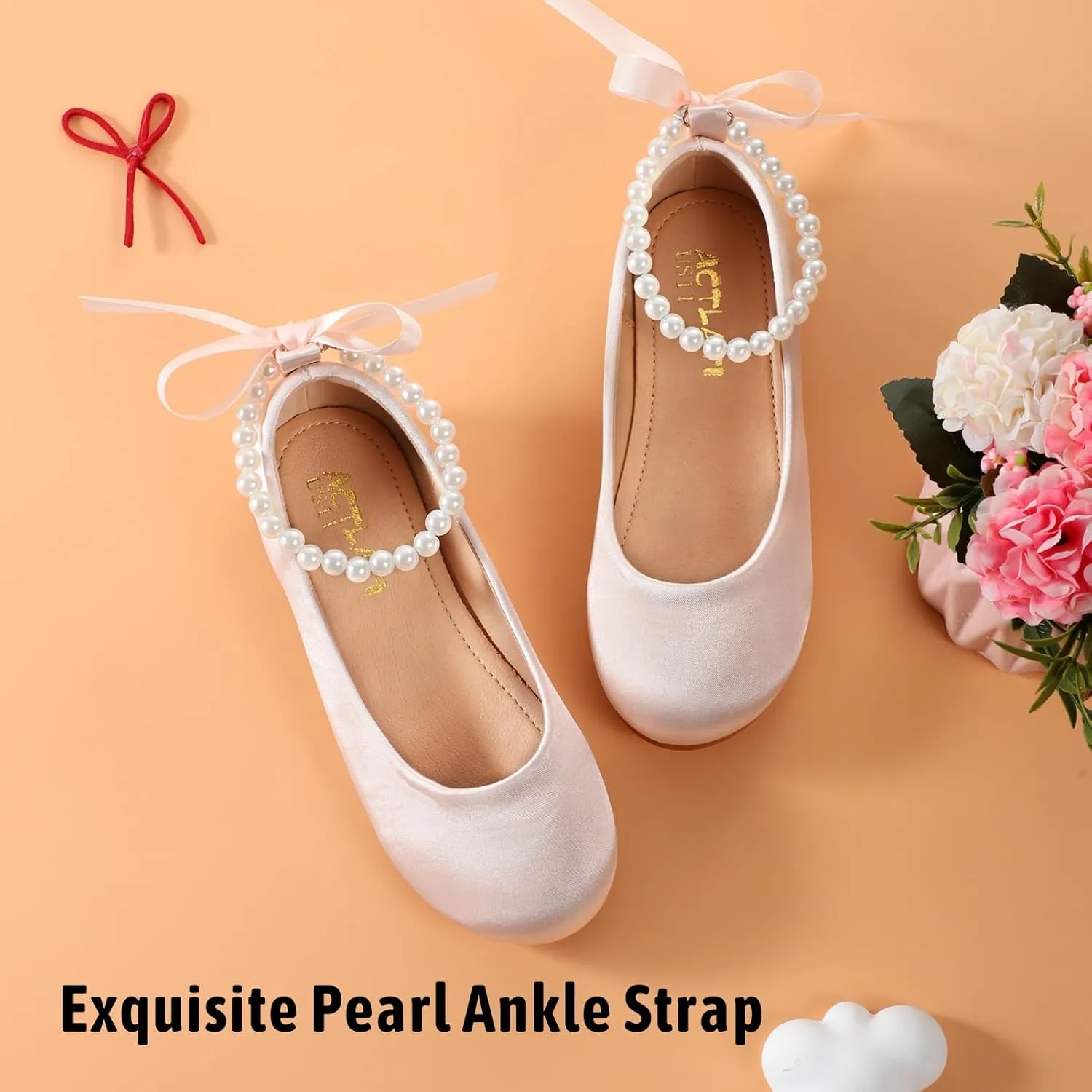 Toddler Girls Dress Shoes Flower Girls Mary Jane Ballet Flats Decorative Pearls Lace-Up Ankle Strap Wedding Communion Princess Shoes