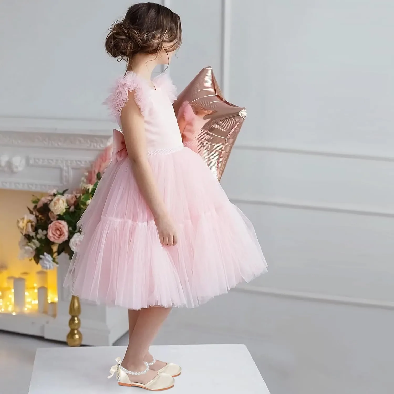 Toddler Girls Dress Shoes Flower Girls Mary Jane Ballet Flats Decorative Pearls Lace-Up Ankle Strap Wedding Communion Princess Shoes