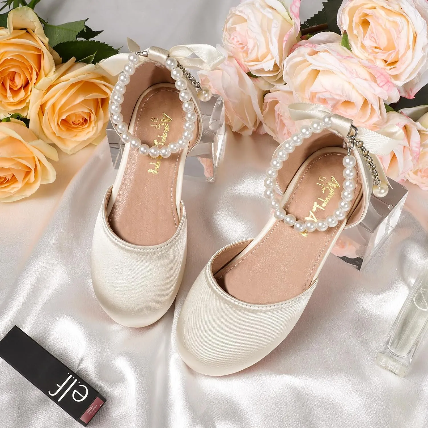Toddler Girls Dress Shoes Flower Girls Mary Jane Ballet Flats Decorative Pearls Lace-Up Ankle Strap Wedding Communion Princess Shoes