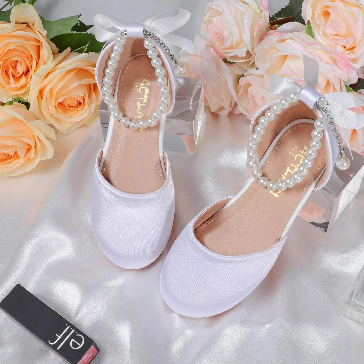 Toddler Girls Dress Shoes Flower Girls Mary Jane Ballet Flats Decorative Pearls Lace-Up Ankle Strap Wedding Communion Princess Shoes