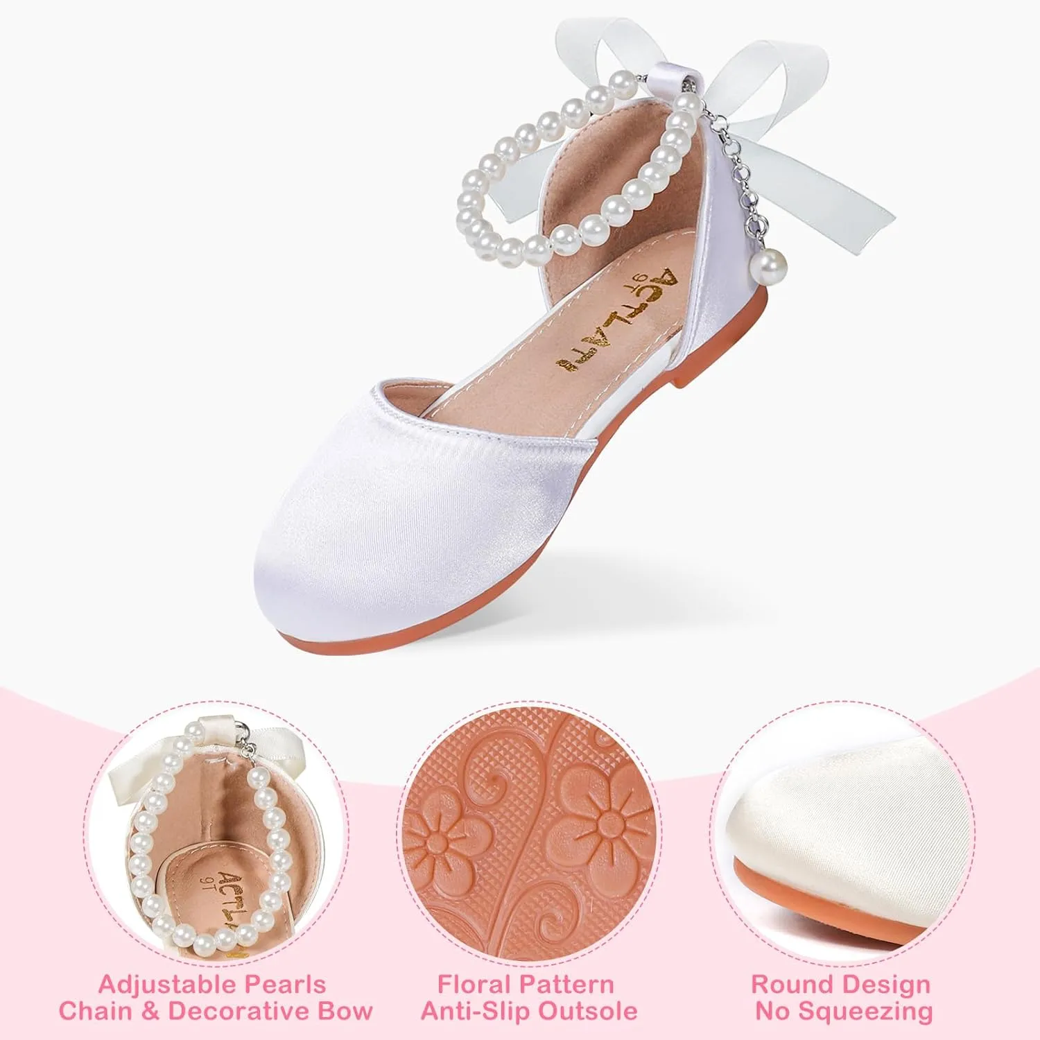 Toddler Girls Dress Shoes Flower Girls Mary Jane Ballet Flats Decorative Pearls Lace-Up Ankle Strap Wedding Communion Princess Shoes