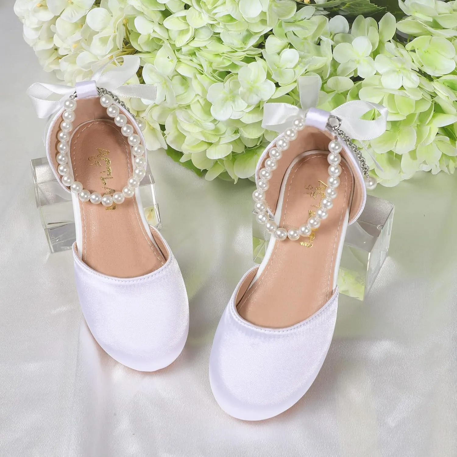 Toddler Girls Dress Shoes Flower Girls Mary Jane Ballet Flats Decorative Pearls Lace-Up Ankle Strap Wedding Communion Princess Shoes