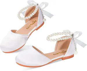Toddler Girls Dress Shoes Flower Girls Mary Jane Ballet Flats Decorative Pearls Lace-Up Ankle Strap Wedding Communion Princess Shoes