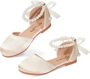 Toddler Girls Dress Shoes Flower Girls Mary Jane Ballet Flats Decorative Pearls Lace-Up Ankle Strap Wedding Communion Princess Shoes