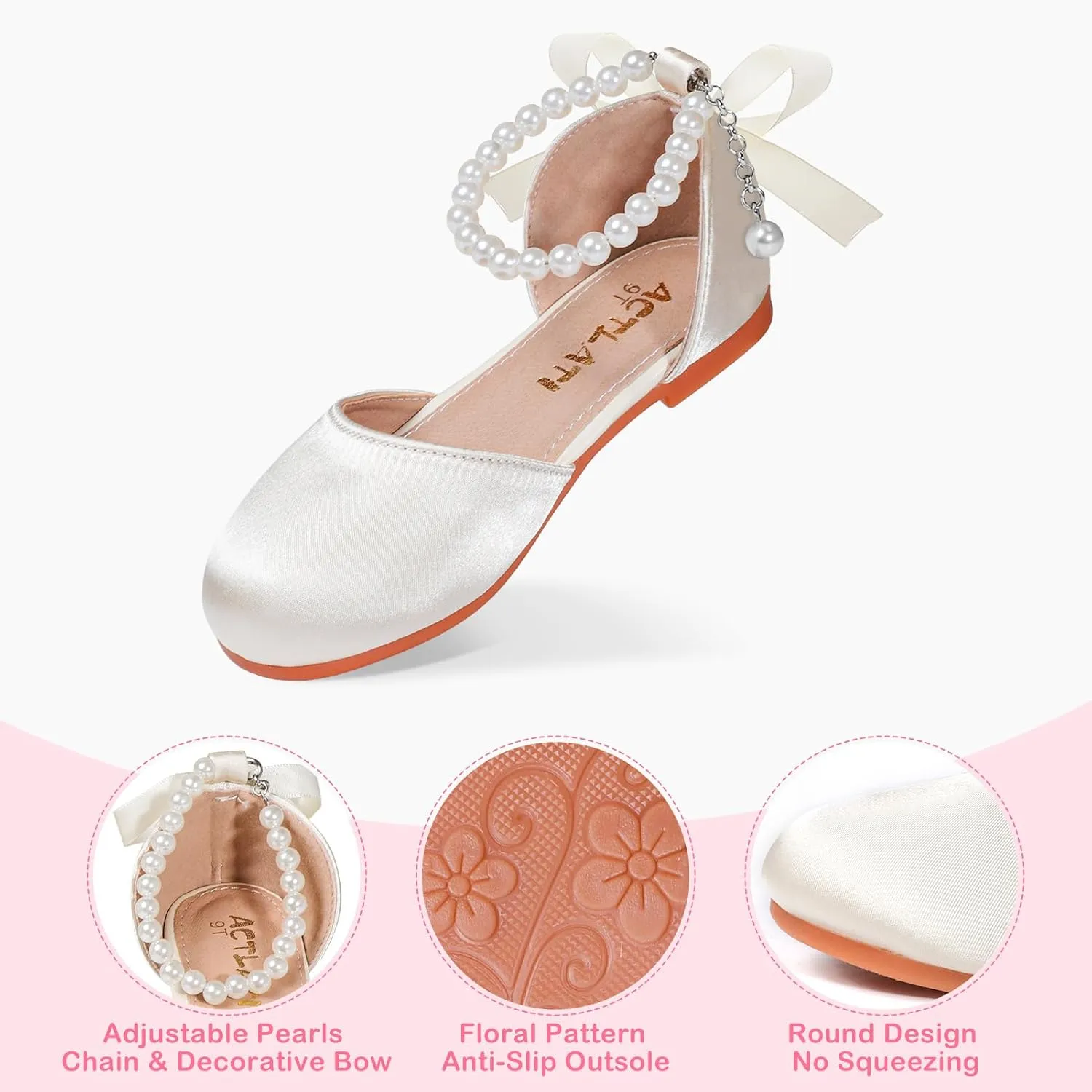 Toddler Girls Dress Shoes Flower Girls Mary Jane Ballet Flats Decorative Pearls Lace-Up Ankle Strap Wedding Communion Princess Shoes