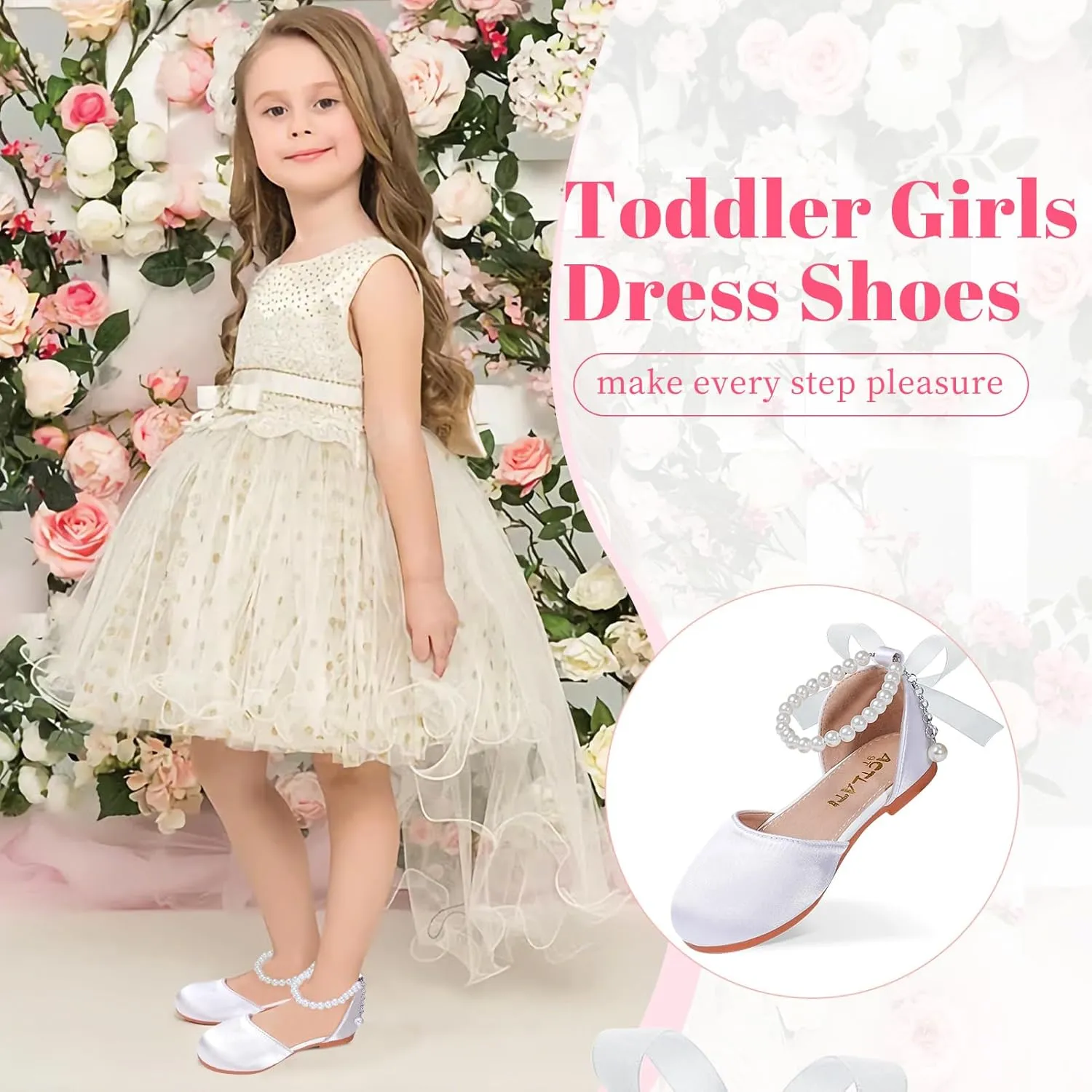 Toddler Girls Dress Shoes Flower Girls Mary Jane Ballet Flats Decorative Pearls Lace-Up Ankle Strap Wedding Communion Princess Shoes