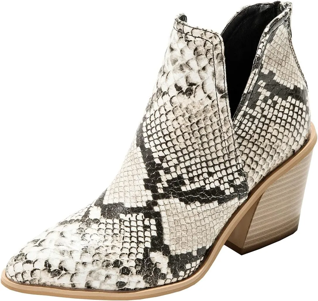 Trendenzy Womens Pointed Toe Western Booties Chunky Heel Ankle Cutout Cowgirl Boots