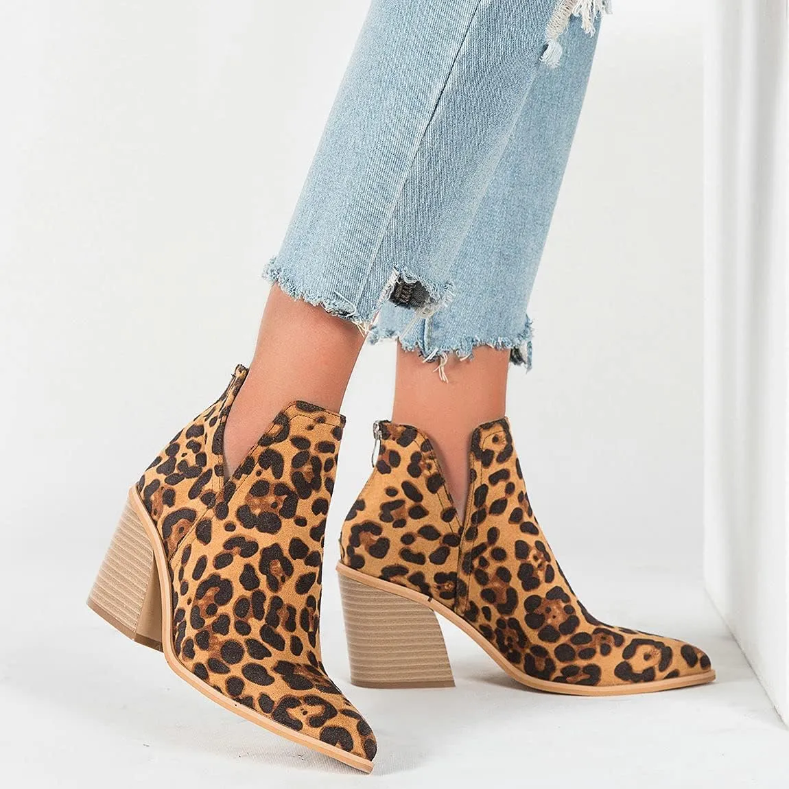 Trendenzy Womens Pointed Toe Western Booties Chunky Heel Ankle Cutout Cowgirl Boots