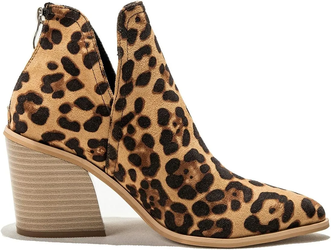 Trendenzy Womens Pointed Toe Western Booties Chunky Heel Ankle Cutout Cowgirl Boots