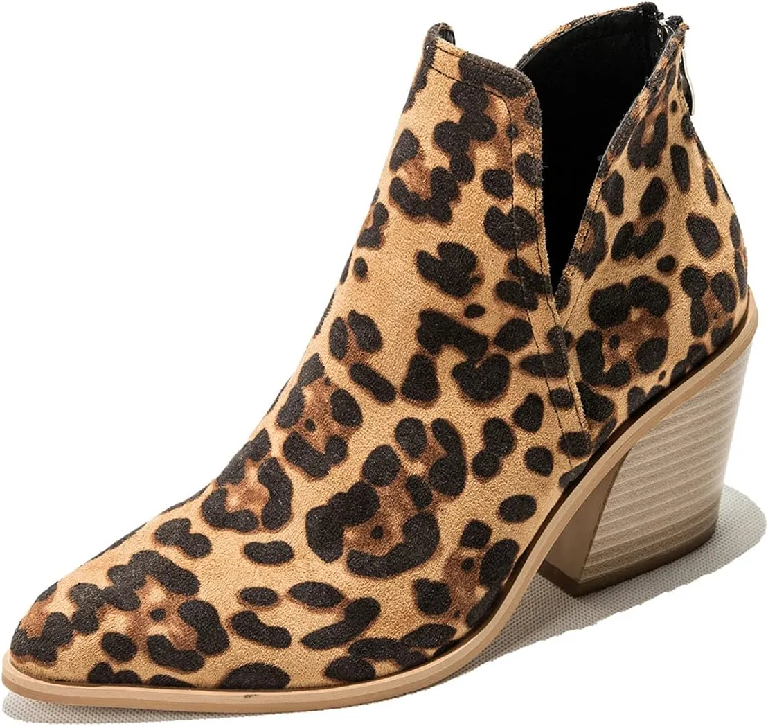 Trendenzy Womens Pointed Toe Western Booties Chunky Heel Ankle Cutout Cowgirl Boots