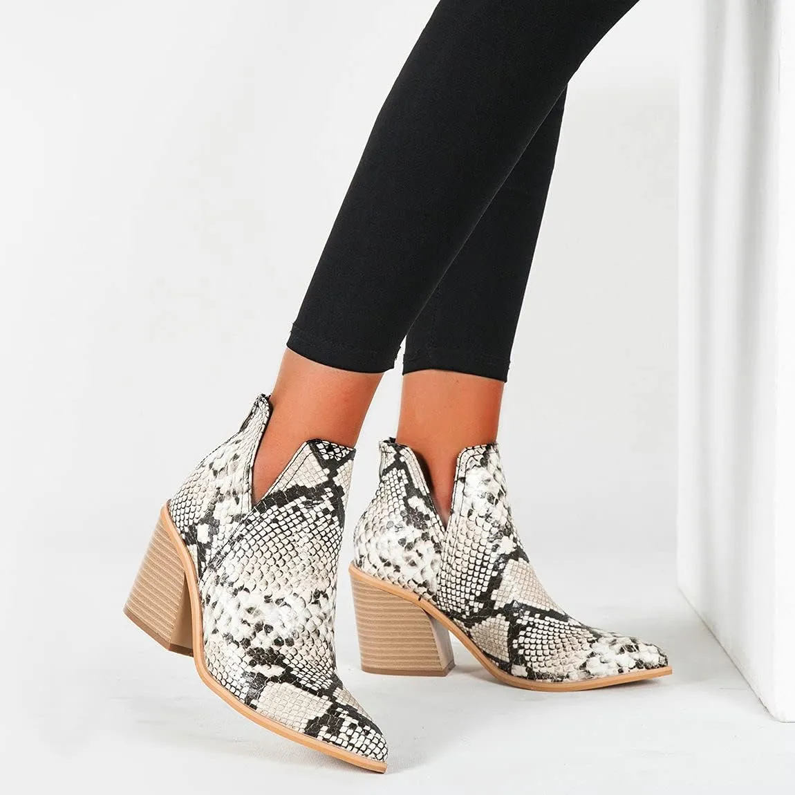 Trendenzy Womens Pointed Toe Western Booties Chunky Heel Ankle Cutout Cowgirl Boots