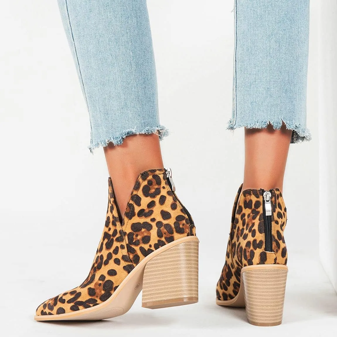 Trendenzy Womens Pointed Toe Western Booties Chunky Heel Ankle Cutout Cowgirl Boots