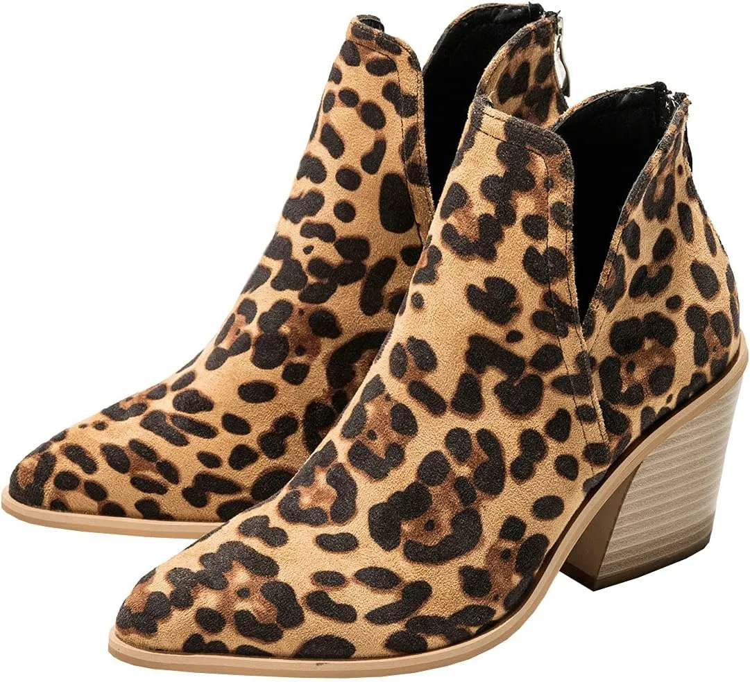 Trendenzy Womens Pointed Toe Western Booties Chunky Heel Ankle Cutout Cowgirl Boots