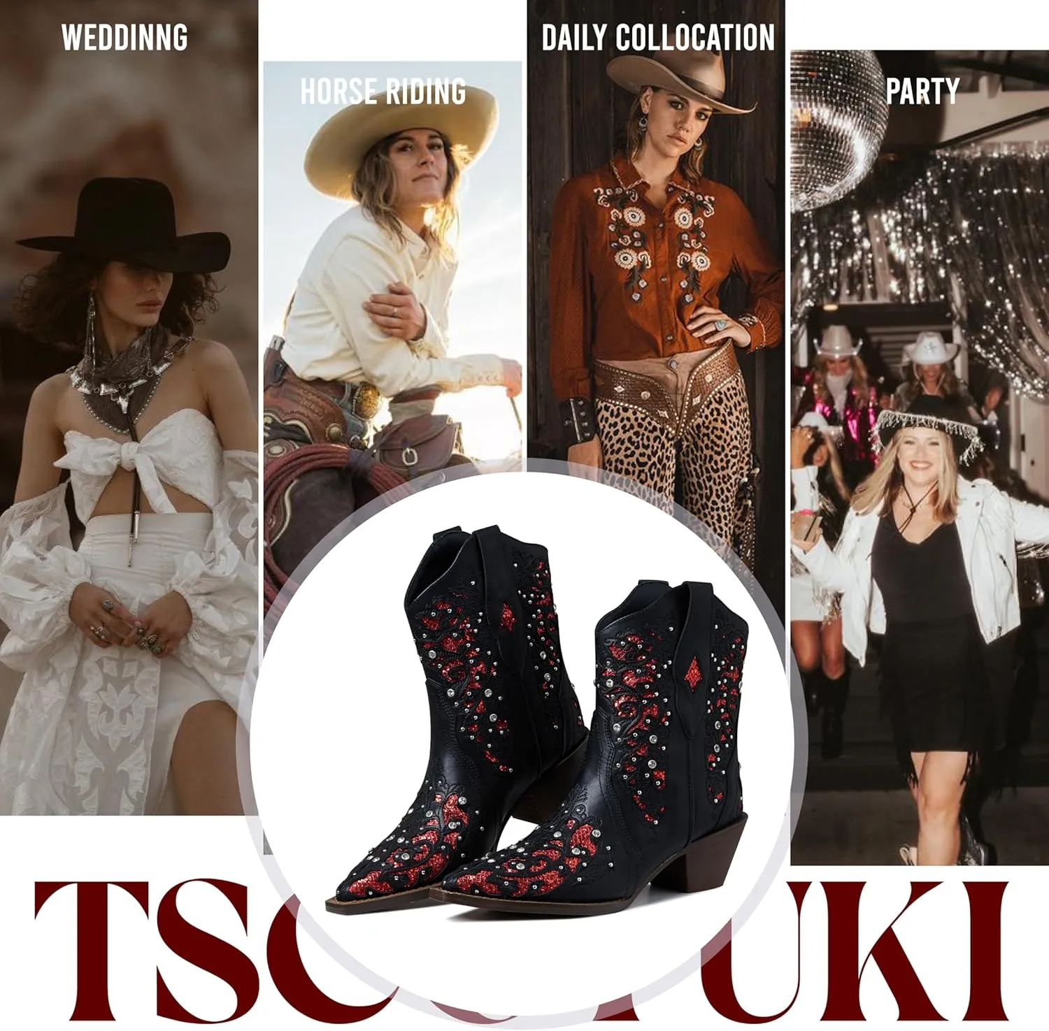 Tscoyuki Inlay Glitter Western Cowboy Boots for Women Sparkly Rhinestone Cowgirl Boots Embroidery Pointed Toe Bridal Wedding Booties