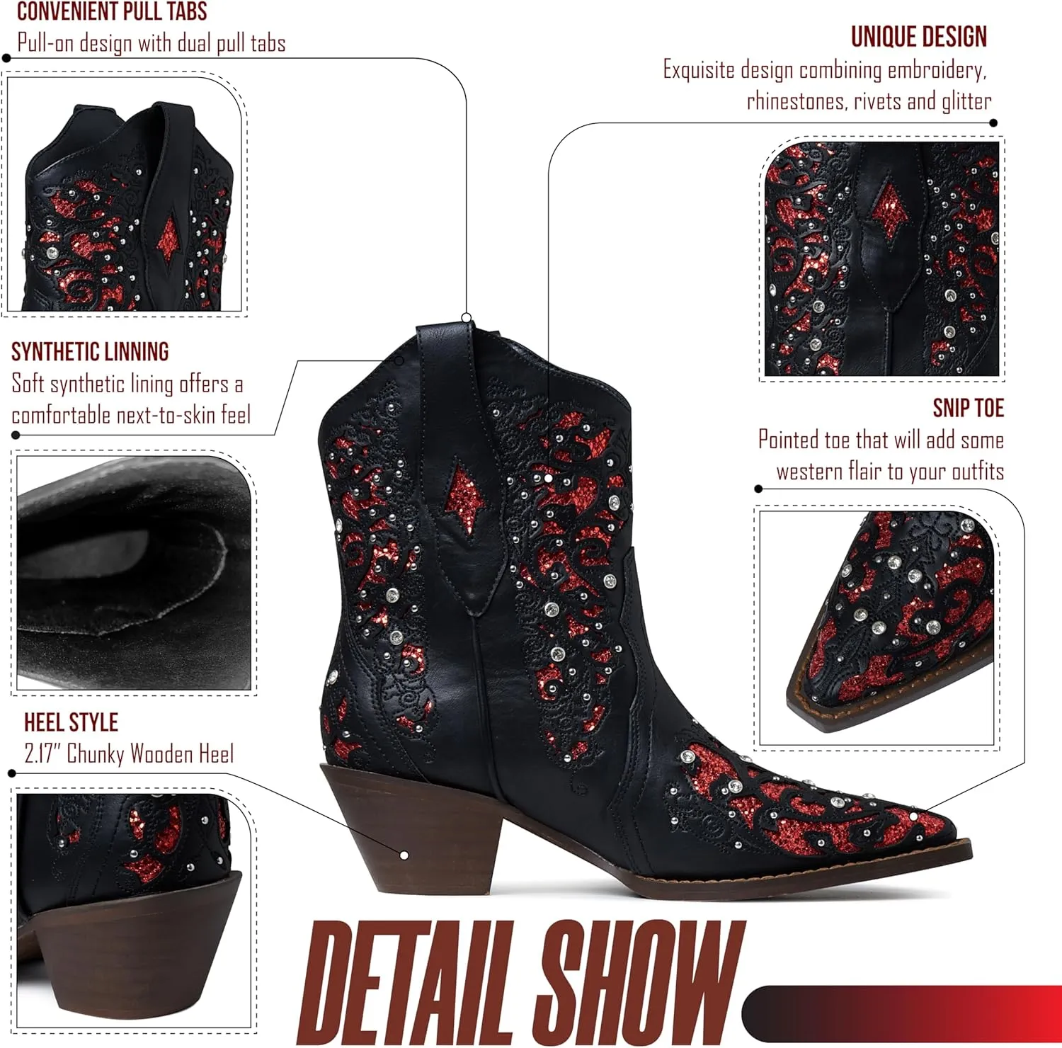 Tscoyuki Inlay Glitter Western Cowboy Boots for Women Sparkly Rhinestone Cowgirl Boots Embroidery Pointed Toe Bridal Wedding Booties