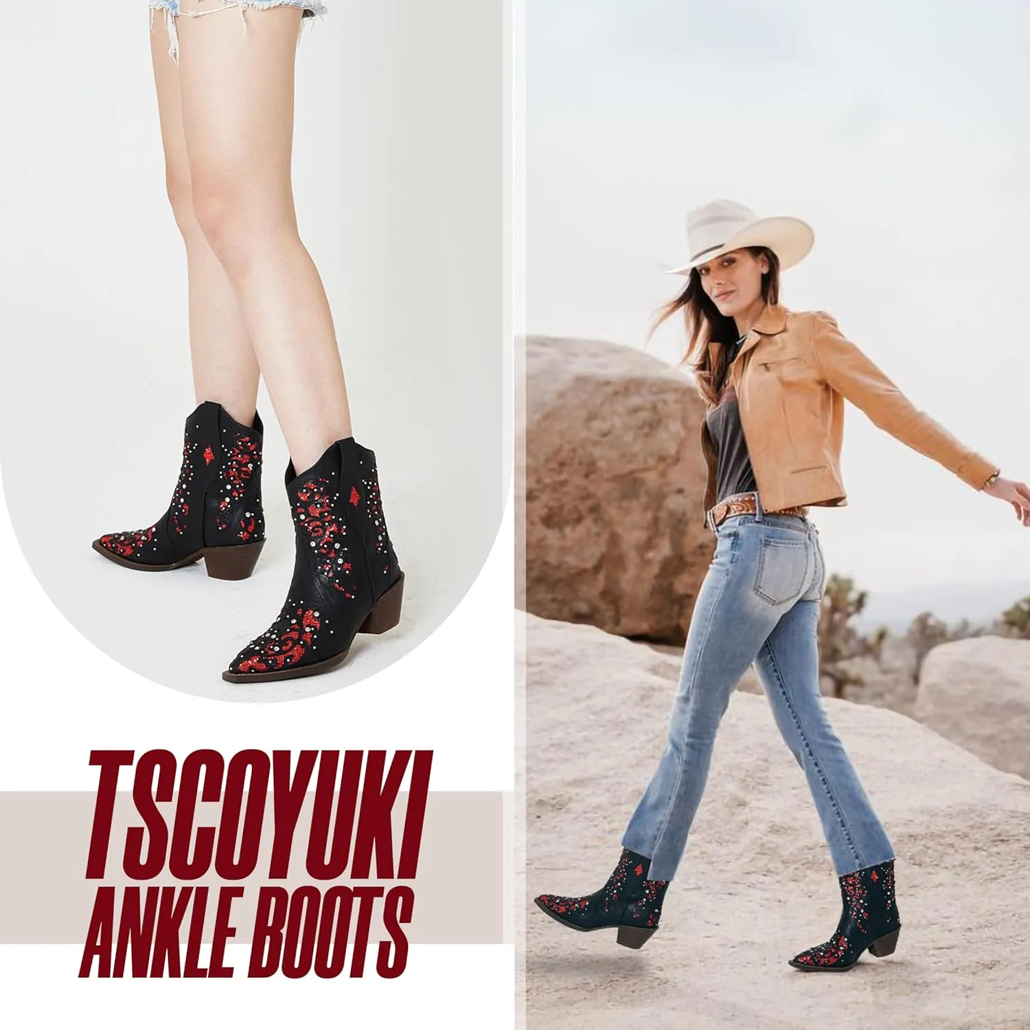 Tscoyuki Inlay Glitter Western Cowboy Boots for Women Sparkly Rhinestone Cowgirl Boots Embroidery Pointed Toe Bridal Wedding Booties