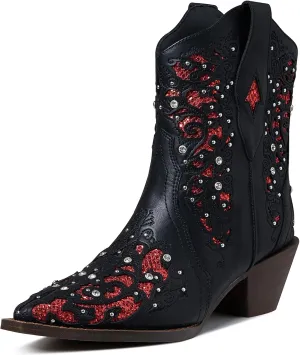 Tscoyuki Inlay Glitter Western Cowboy Boots for Women Sparkly Rhinestone Cowgirl Boots Embroidery Pointed Toe Bridal Wedding Booties