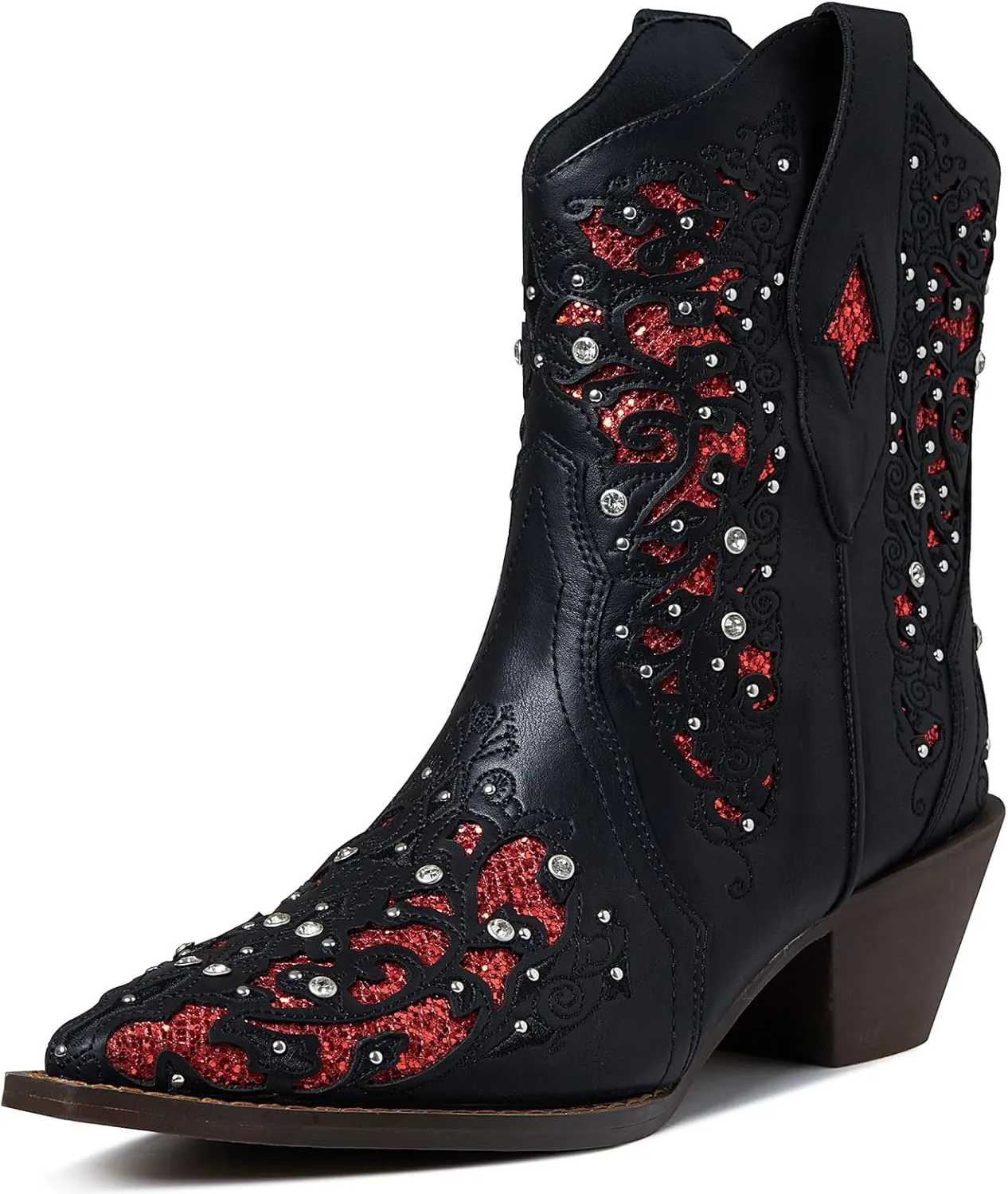 Tscoyuki Inlay Glitter Western Cowboy Boots for Women Sparkly Rhinestone Cowgirl Boots Embroidery Pointed Toe Bridal Wedding Booties