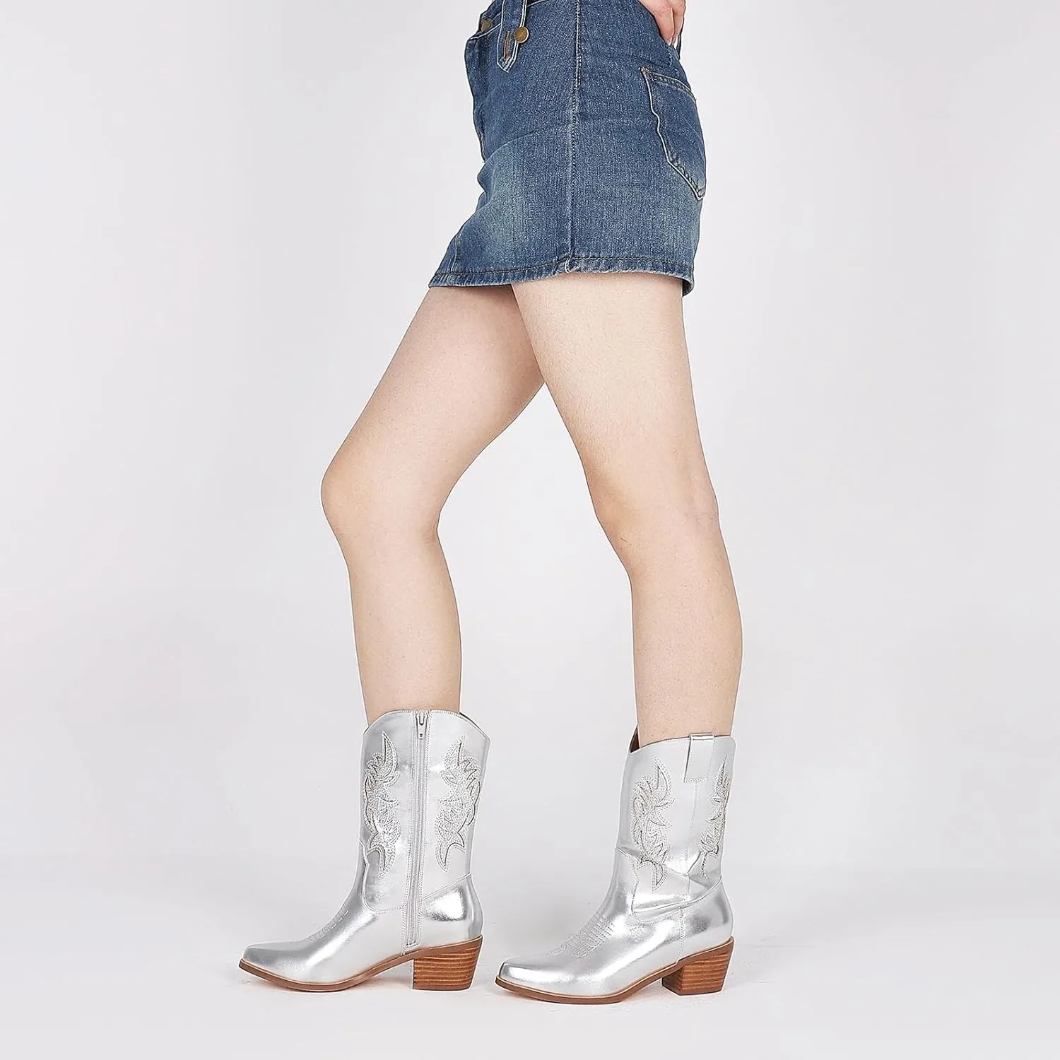 Tscoyuki Women's Cowboy Boots Embroidery   Rhinestone Cowgirl Boots Pointy Toe Chunky Heel Mid Calf Western Boots