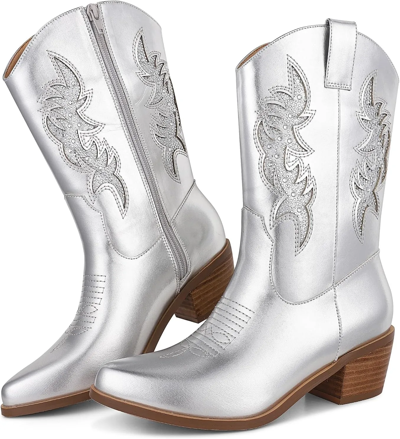 Tscoyuki Women's Cowboy Boots Embroidery   Rhinestone Cowgirl Boots Pointy Toe Chunky Heel Mid Calf Western Boots