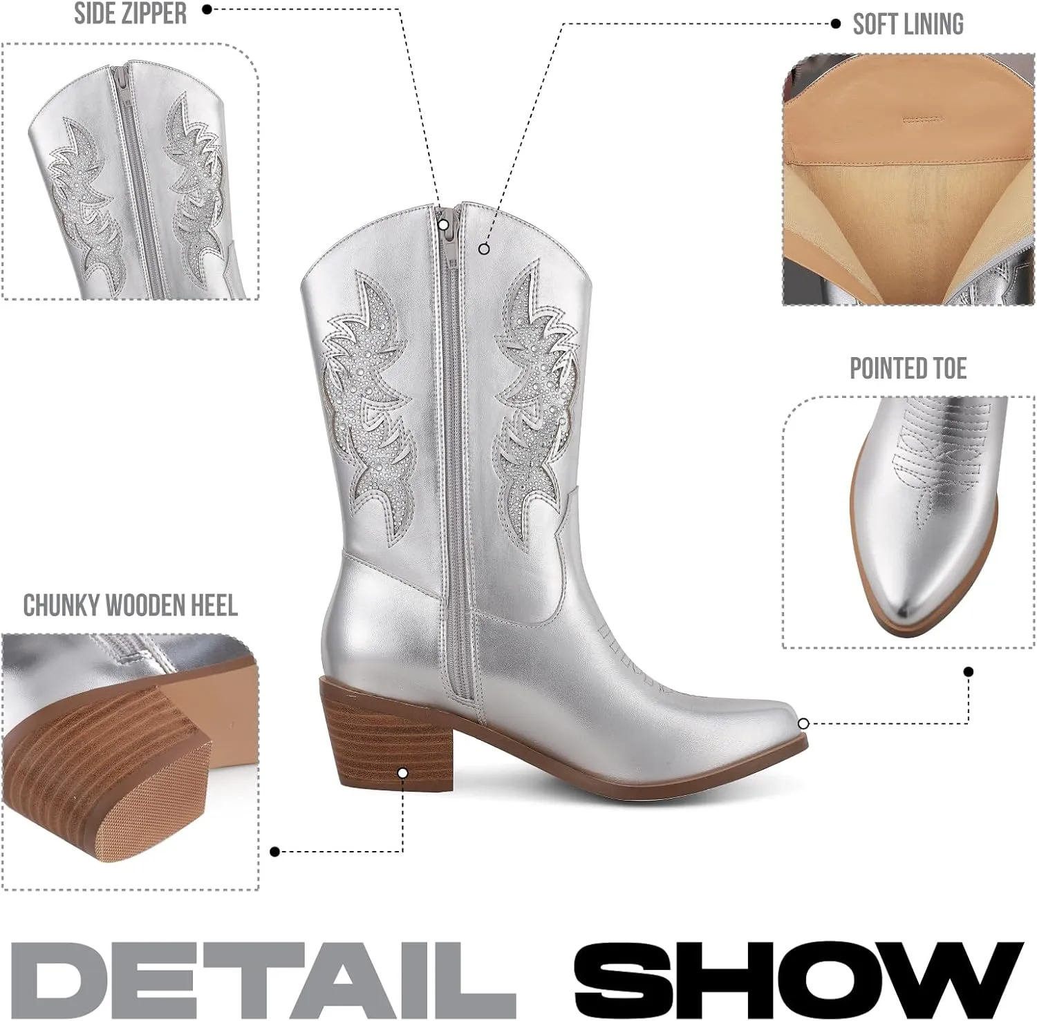 Tscoyuki Women's Cowboy Boots Embroidery   Rhinestone Cowgirl Boots Pointy Toe Chunky Heel Mid Calf Western Boots