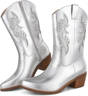 Tscoyuki Women's Cowboy Boots Embroidery   Rhinestone Cowgirl Boots Pointy Toe Chunky Heel Mid Calf Western Boots