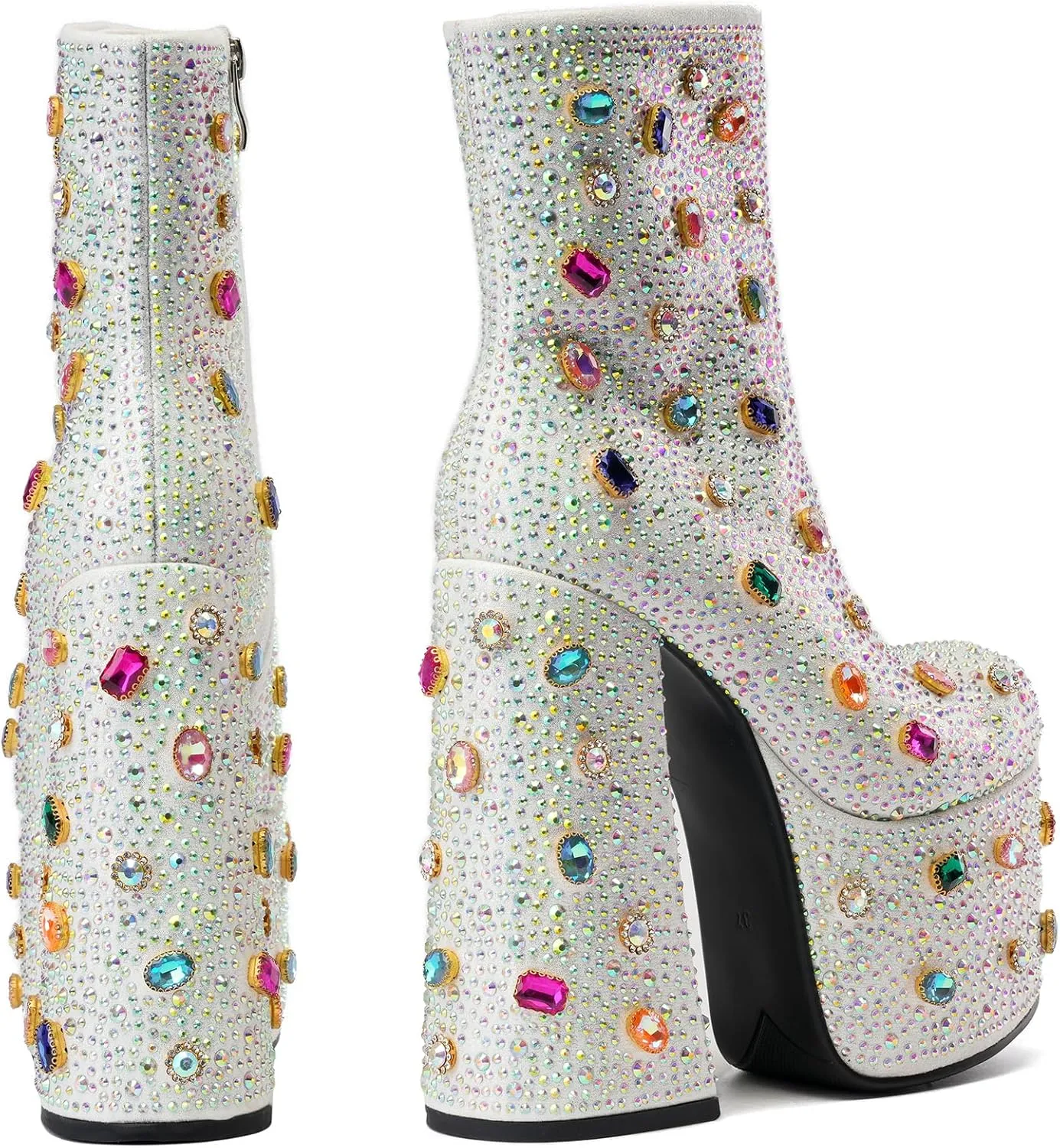 Tsrenlmln Women's Rhinestone Platform Boots for Women Round Toe Sparkly Ankle Boots for Women With Chunky Heel