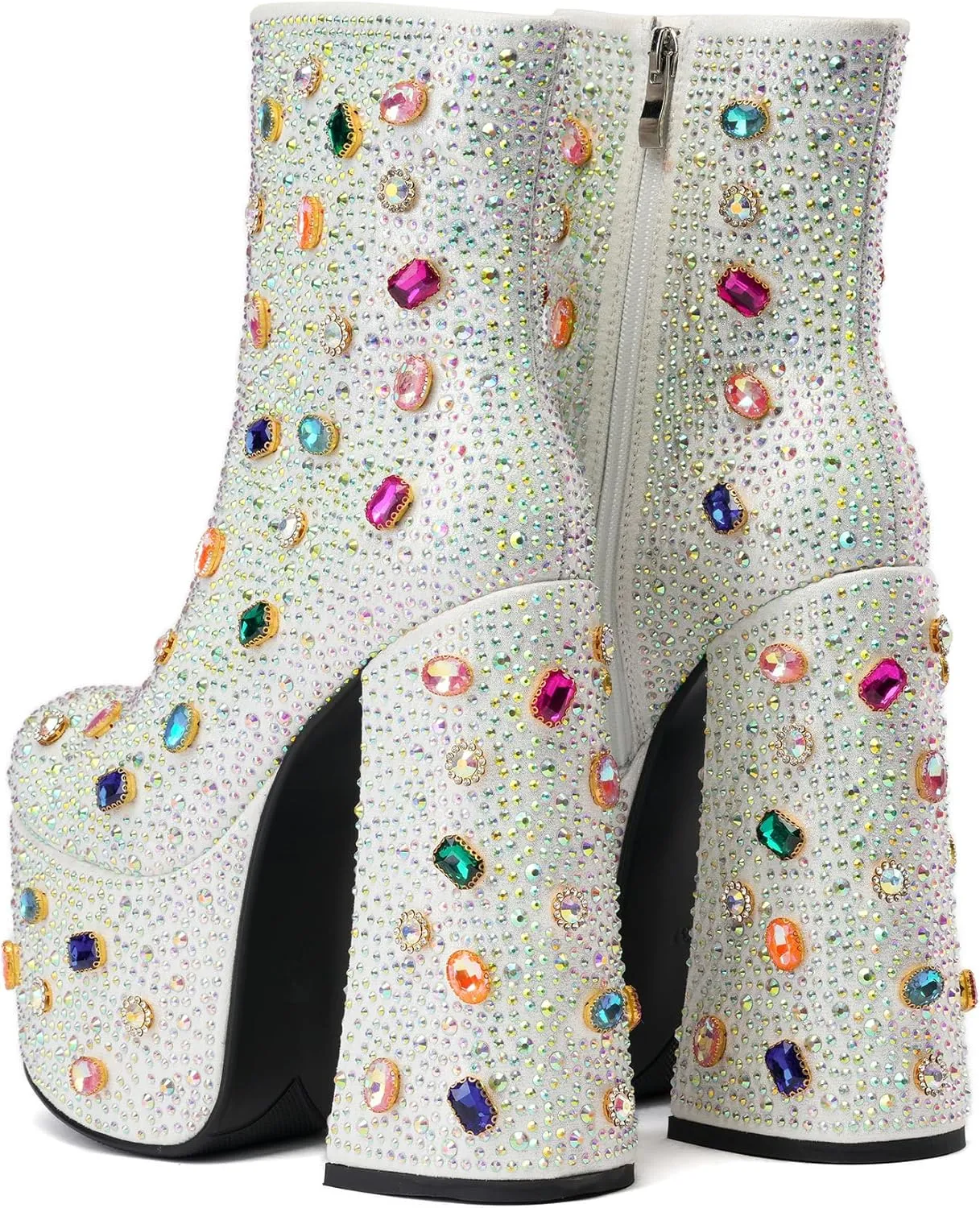 Tsrenlmln Women's Rhinestone Platform Boots for Women Round Toe Sparkly Ankle Boots for Women With Chunky Heel