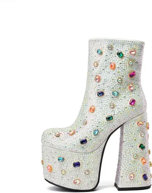 Tsrenlmln Women's Rhinestone Platform Boots for Women Round Toe Sparkly Ankle Boots for Women With Chunky Heel