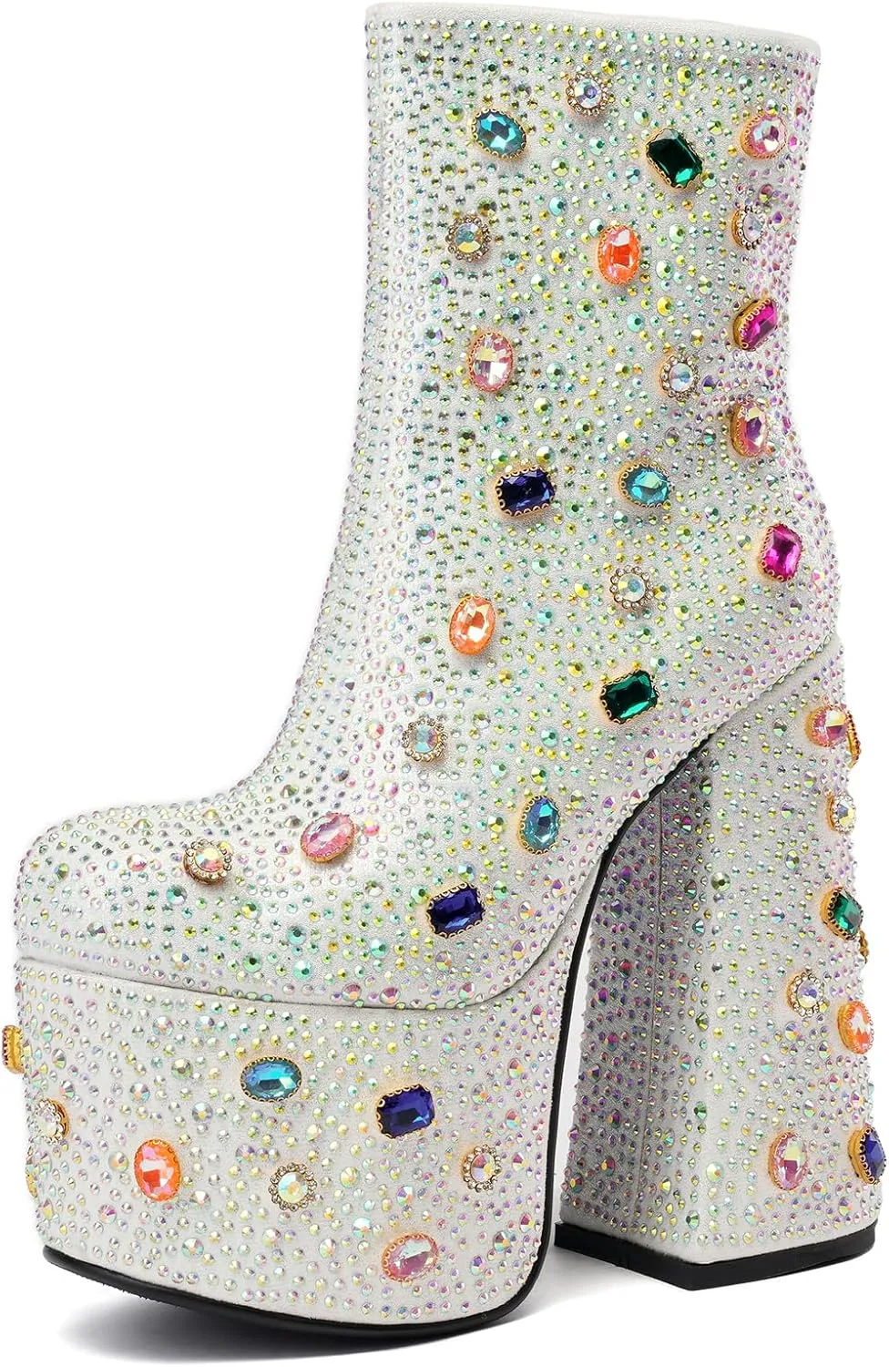 Tsrenlmln Women's Rhinestone Platform Boots for Women Round Toe Sparkly Ankle Boots for Women With Chunky Heel