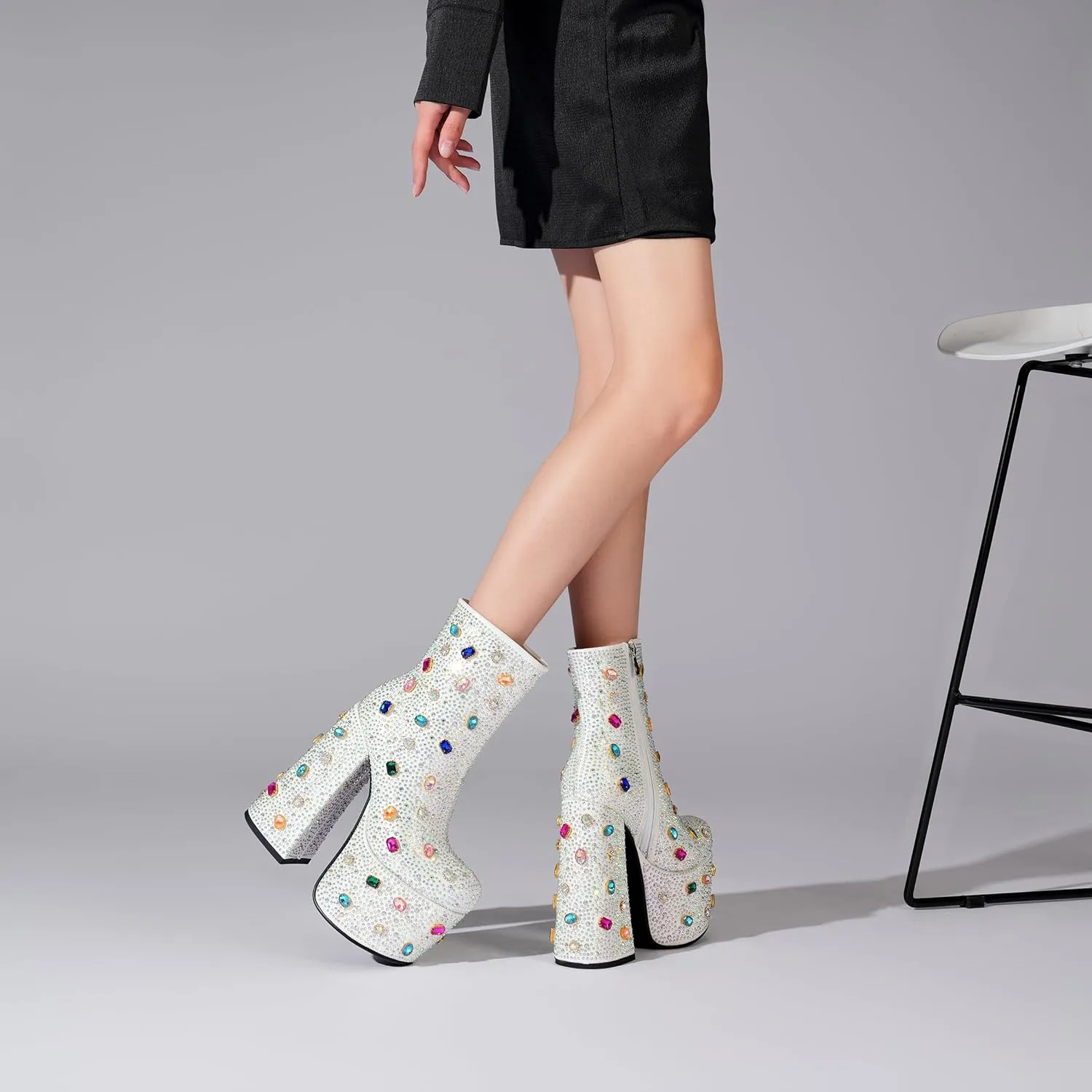 Tsrenlmln Women's Rhinestone Platform Boots for Women Round Toe Sparkly Ankle Boots for Women With Chunky Heel