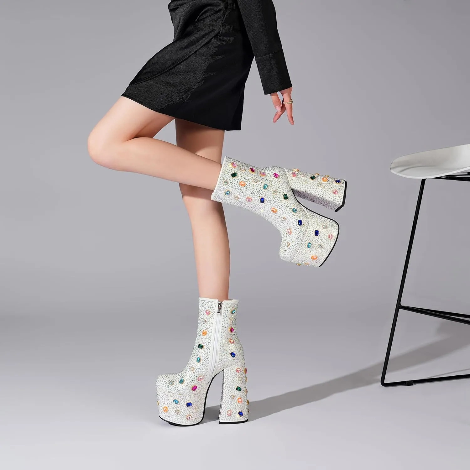 Tsrenlmln Women's Rhinestone Platform Boots for Women Round Toe Sparkly Ankle Boots for Women With Chunky Heel
