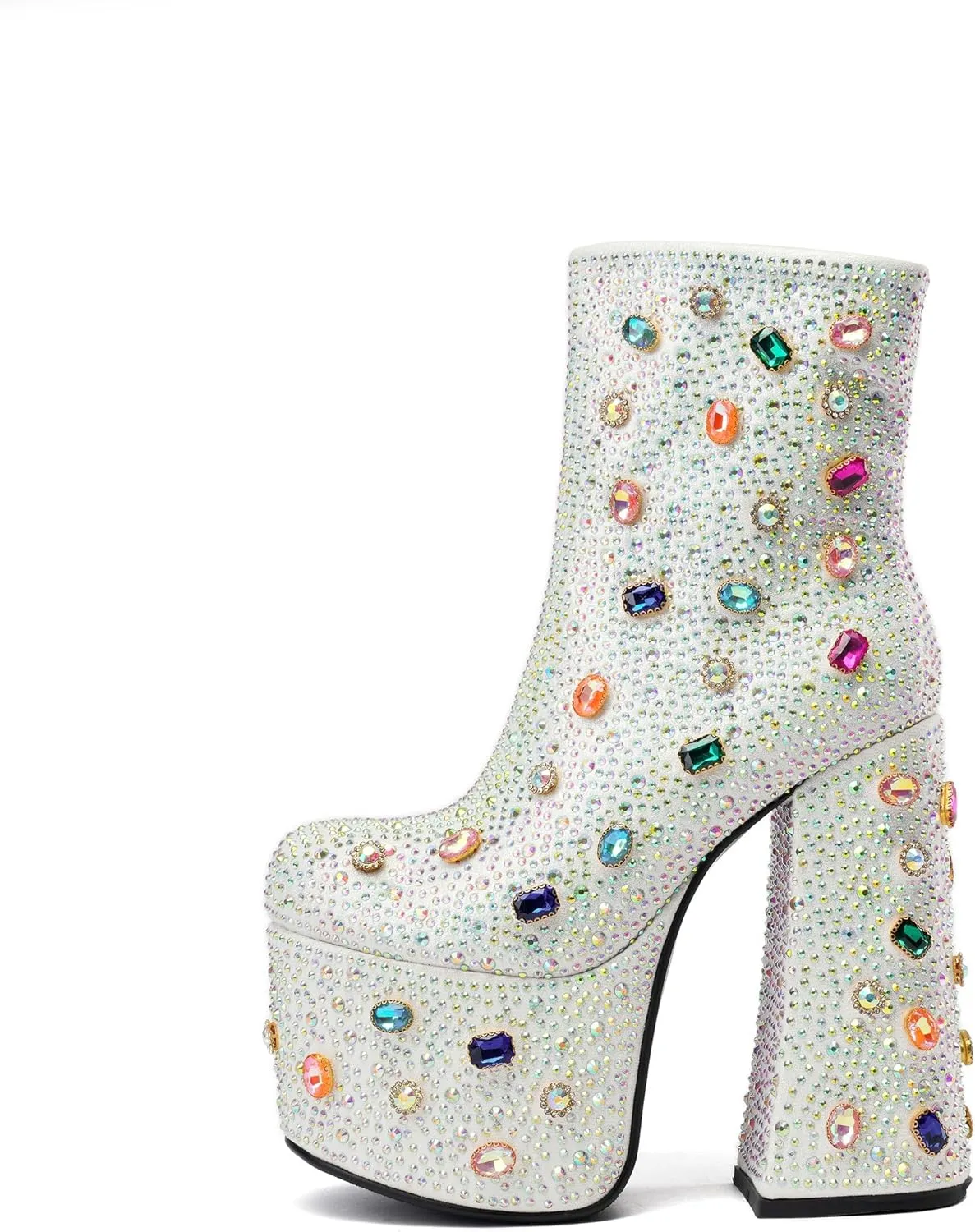Tsrenlmln Women's Rhinestone Platform Boots for Women Round Toe Sparkly Ankle Boots for Women With Chunky Heel