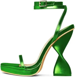 Twisted Heeled Platform Heels in Metallic Faux Leather Ankle Strap Sandals