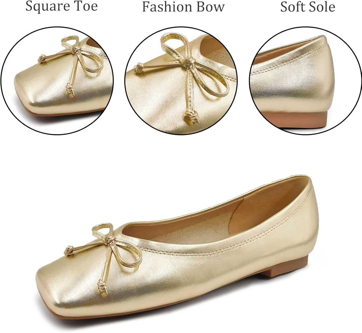 UBWDU Women's Low Heel Flat Shoes Comfortable Square Toe Bowknot Decoration Casual Ballet Shoes