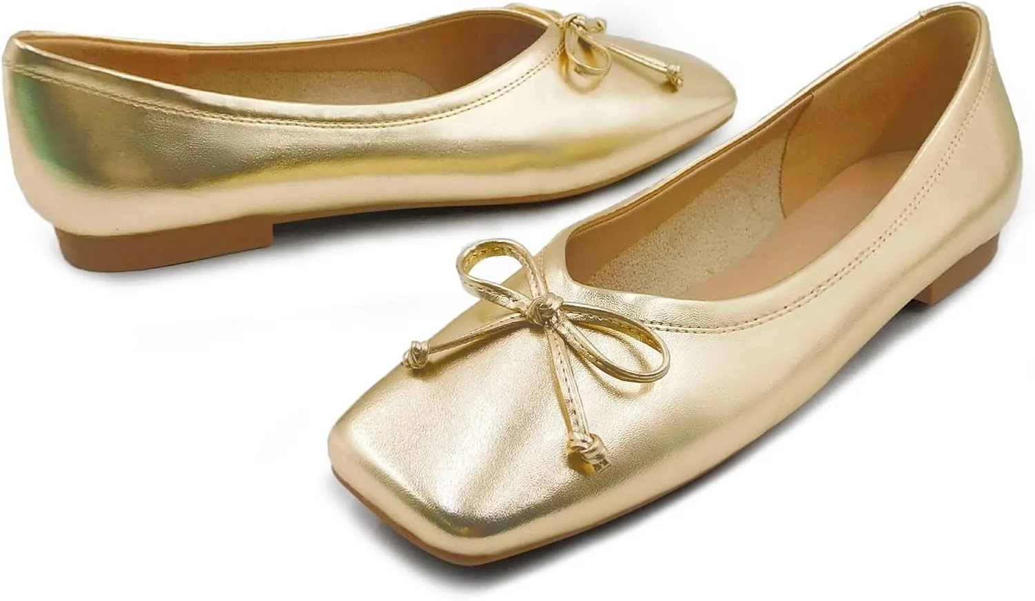UBWDU Women's Low Heel Flat Shoes Comfortable Square Toe Bowknot Decoration Casual Ballet Shoes