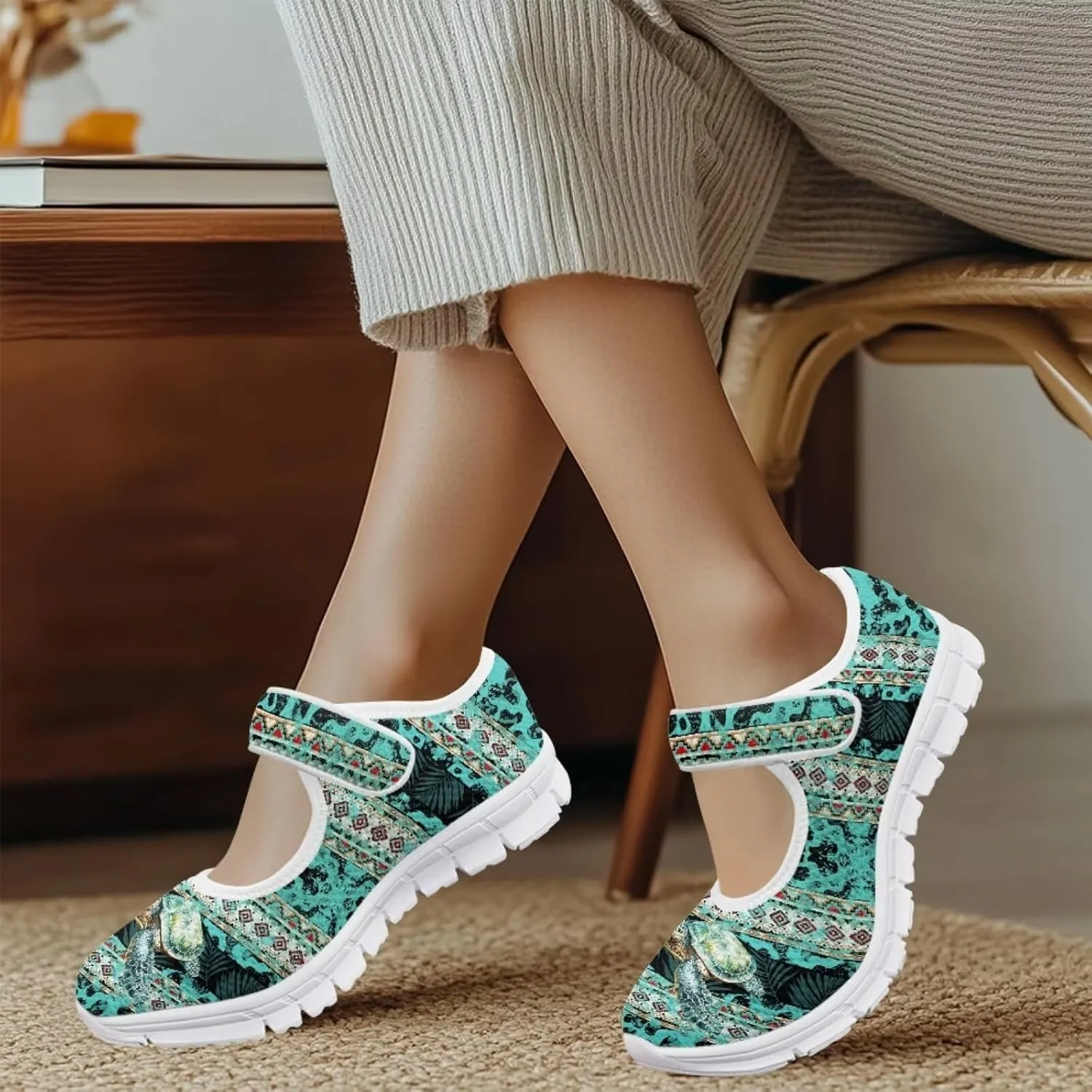 UNICEU Southwestern Style Women's Mary Jane Flat Shoes Party Footwear Mesh Non Slip Breathable Athletic Shoes Casual Dress Shoes Ballet Flats