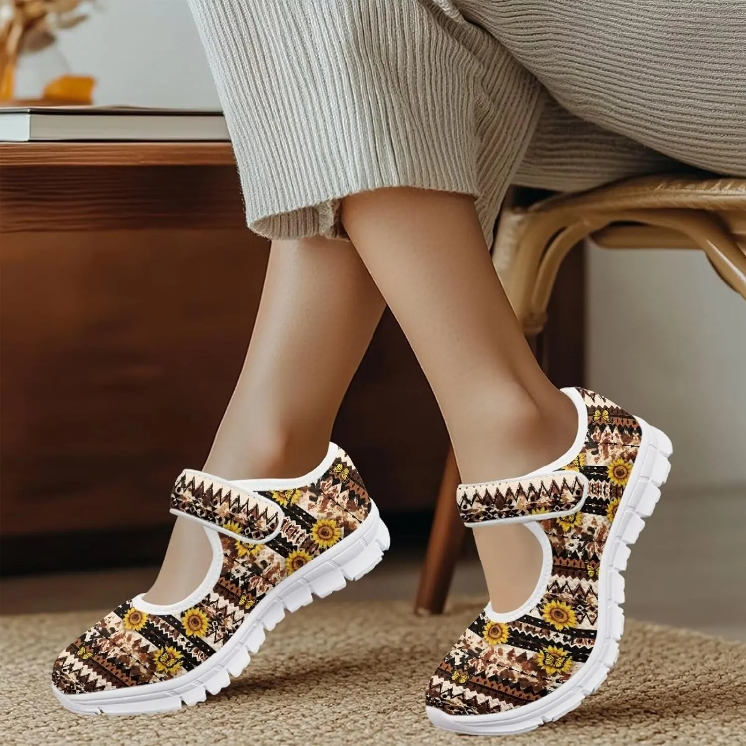 UNICEU Southwestern Style Women's Mary Jane Flat Shoes Party Footwear Mesh Non Slip Breathable Athletic Shoes Casual Dress Shoes Ballet Flats