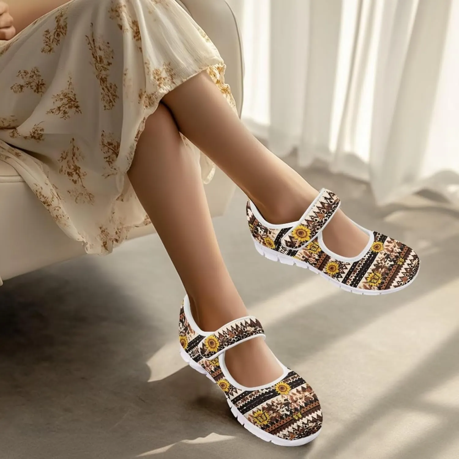 UNICEU Southwestern Style Women's Mary Jane Flat Shoes Party Footwear Mesh Non Slip Breathable Athletic Shoes Casual Dress Shoes Ballet Flats