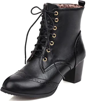UniqueStride Women's Brogue Ankle Boots Lace Up Ankle Bootie with Chunky Block Heel Round Toe Shoes