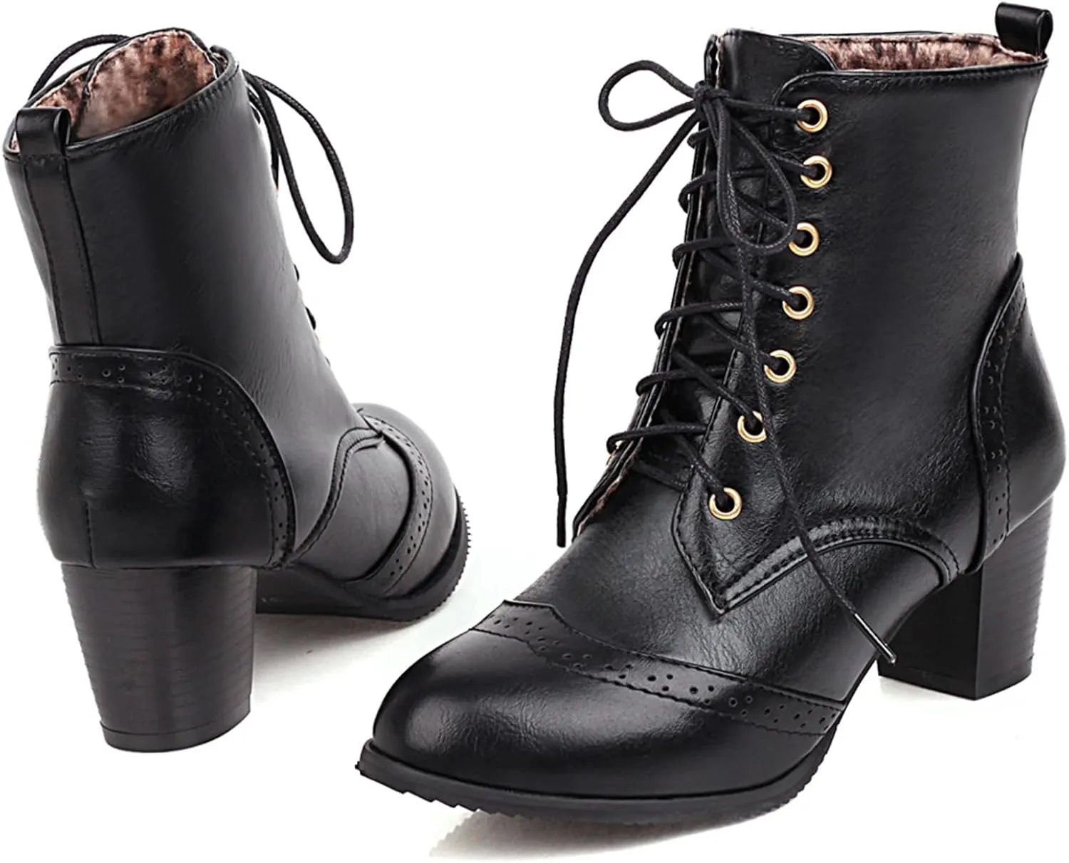 UniqueStride Women's Brogue Ankle Boots Lace Up Ankle Bootie with Chunky Block Heel Round Toe Shoes