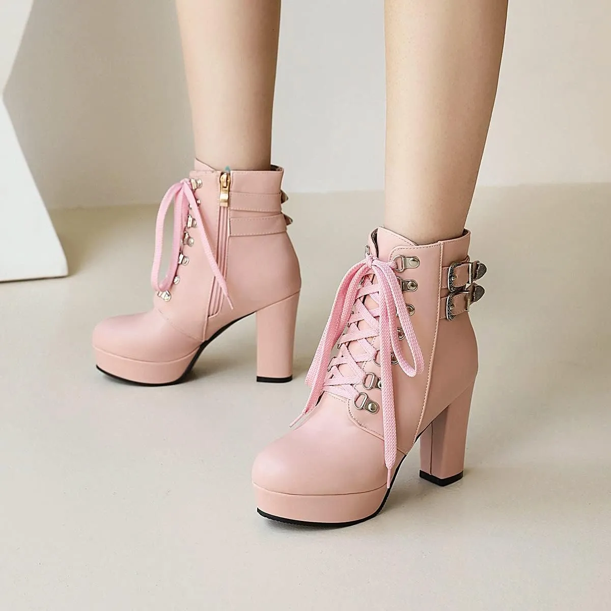 UniqueStride Women's Chunky Heel Ankle Boots Platform High Heel Platform Boots Buckle Lace Up Autumn Winter Booties