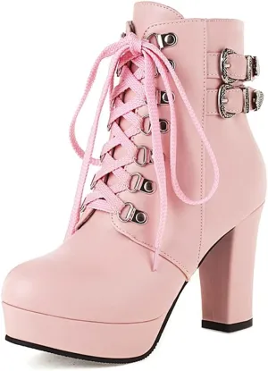 UniqueStride Women's Chunky Heel Ankle Boots Platform High Heel Platform Boots Buckle Lace Up Autumn Winter Booties