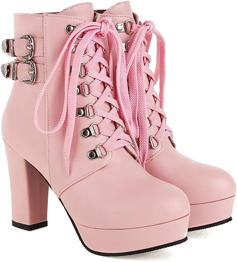 UniqueStride Women's Chunky Heel Ankle Boots Platform High Heel Platform Boots Buckle Lace Up Autumn Winter Booties